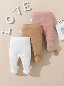 SHEIN 3 Stück Neugeborenen Baby Jungen/Mädchen Lässig einfarbige Leggings mit elastischem Bund, süßes Baby-Rippstrick Leggings Set
