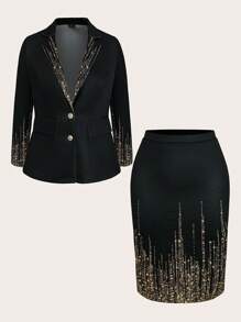 SHEIN Clasi Shiny Print Positioned Plus Size Suit Set, Autumn/Winter Outfit - Multicolor - View 7