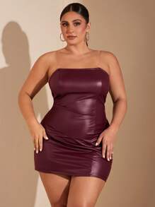 SHEIN BAE Robe moulante mini à plissés en PU de couleur unie pour femme grande taille