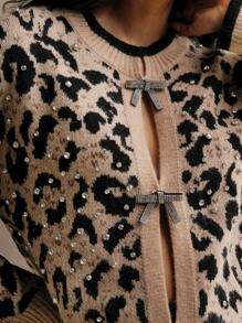 Anewsta Autumn/Winter Stylish Bow Knot Rhinestone Vintage Leopard Knit Cardigan For Women - Multicolor - View 2