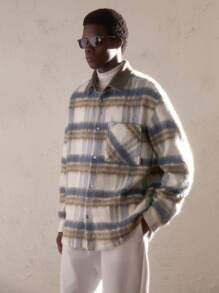 AKNOTIC Business Casual 圣诞节男士梭织撞色格子宽松休闲翻领落肩长袖纽扣前开衫，适合秋季、日常、新年、圣诞节，带有拼布领子和口袋，适合秋冬 - 藍色 - 查看 3