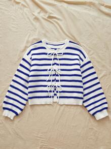 SHEIN VCAY Women's Loose Round Neck Tie-Up Long Sleeve Bowknot Cardigan, Bow Decoration, Fall Women