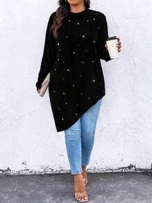 Plus Size Women Crew Neck Long Sleeve Asymmetrical Hem Tee With Faux Pearl Decor, Casual For Autumn For Spring - Black - View 1