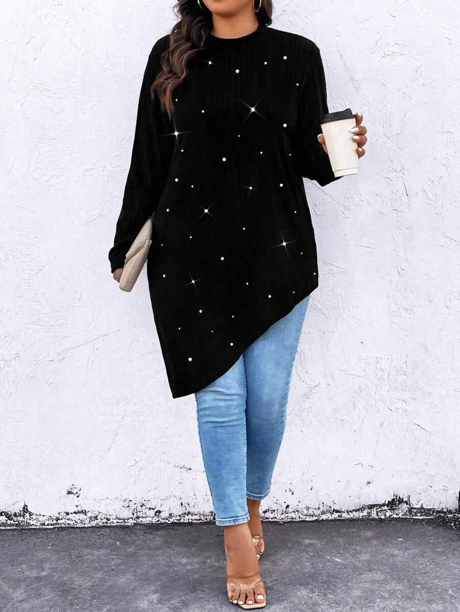 Plus Size Women Crew Neck Long Sleeve Asymmetrical Hem Tee With Faux Pearl Decor, Casual For Autumn For Spring - Black - View 1