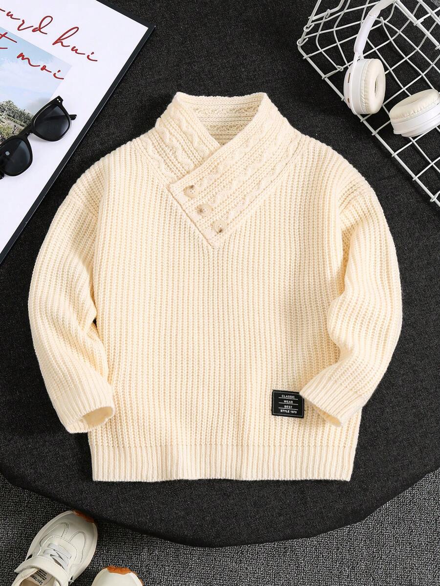 SHEIN 1 chiếc áo len dệt kim kiểu dáng thường ngày, thoải mái, ấm áp, rộng rãi cho bé trai, cổ chữ V cao, có dây rút trang trí, thích hợp cho đi làm, đi học, tụ họp hàng ngày vào mùa thu/đông, mùa tựu trường, mùa thu. - Màu be - Xem 1
