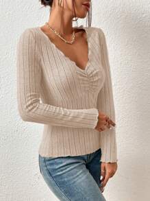 SHEIN Essnce Women's Solid Color V-Neck Long Sleeve Ribbed Fitted T-Shirt, Autumn - Apricot - View 6