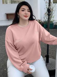 Dazy Plus Bow Embroidery Crew Neck Loose Fit Long Sleeve Sweatshirt - Pink - View 4