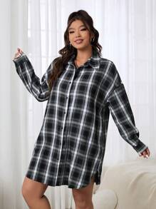 SHEIN EZwear Plus Size Plaid Shirt Dress With Solid Color Camisole 2 Pieces Set, Casual For Autumn