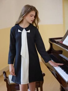 SHEIN Tween Girls Detachable Bow Contrast Black & White Elegant Long Sleeve A-Line Dress, Fashionable For Autumn/Winter