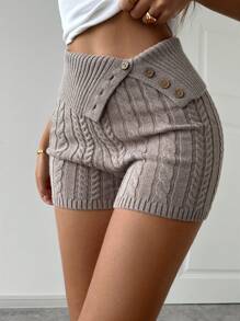 INAWLY Quần short dệt kim màu trơn cho nữ có thiết kế nút gập ở eo, giản dị - Bụi tím - Xem 4
