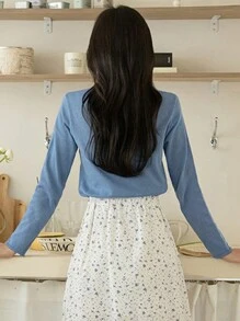 DAZY 女士优雅圆领撞色长袖针织毛衣，秋季服装 - 藍色 - 查看 9