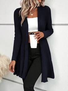 SHEIN LUNE 1 件女式纯色长袖长款休闲开衫，秋冬 - 藏蓝色 - 查看 3