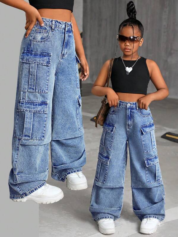SHEIN Jeans cargo baggy vintage lavé multi-poches effilochés pour filles pré-adolescentes, pantalon à jambes larges. Vêtements d'automne pour filles pré-adolescentes, tenues streetwear pour la rentrée scolaire