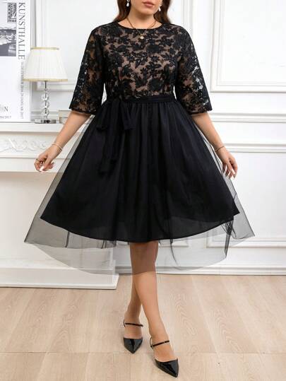 SHEIN Clasi Curvy Plus Size Women's Floral Texture Embroidered Round Neck Three-Quarter Sleeve Waist A-Hem Elegant Dress, Suitable For Autumn And Winter, Guest Parties,Vacation Outfits,New Years Women Outfit