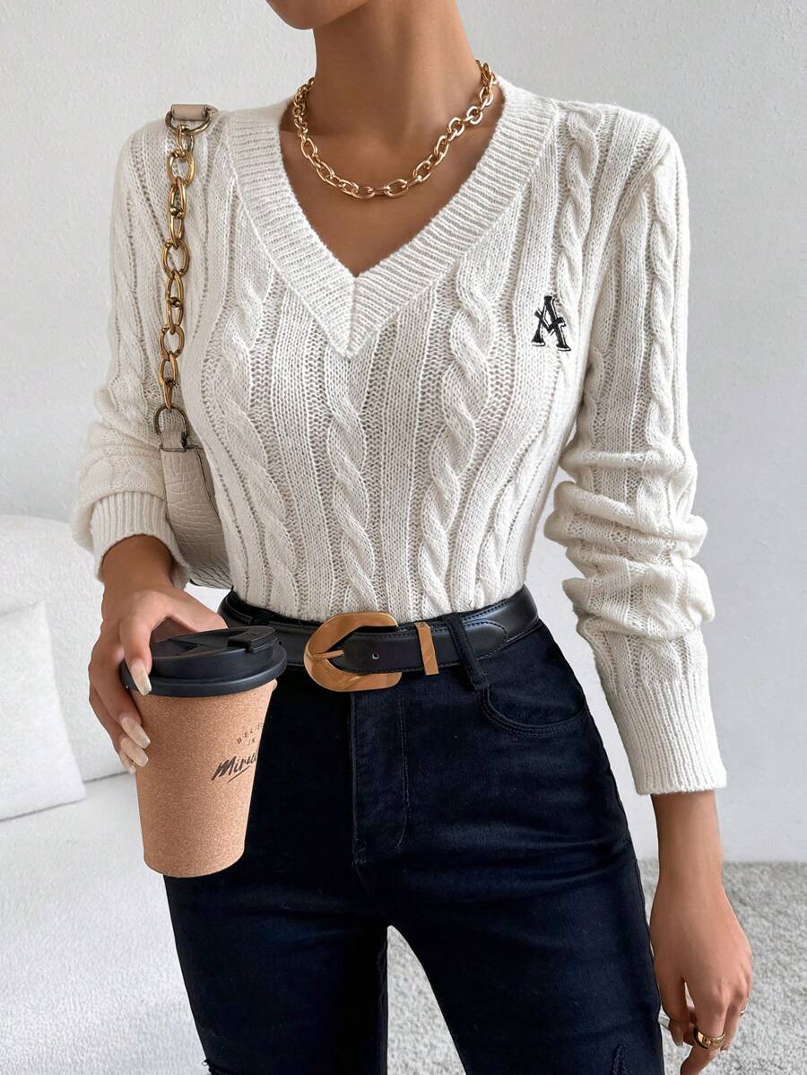 SHEIN PETITE Autumn/Winter Casual Letter Embroidered Fitted Sweater - Beige - View 1