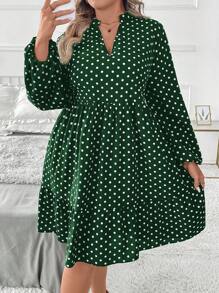 SHEIN Clasi Plus Size Solid Color Polka Dot Print V-Neck Long Sleeve Dress