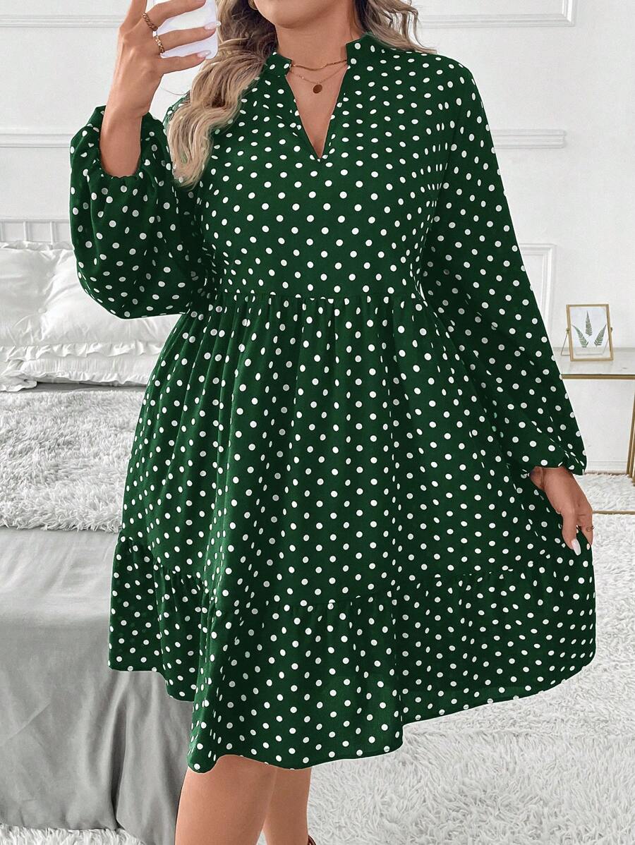 SHEIN Clasi Plus Size Solid Color Polka Dot Print V-Neck Long Sleeve Dress