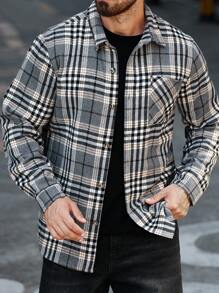 Manfinity Homme 男士休闲格子印花口袋单排扣口袋贴花夹克，秋季服装 - 彩色 - 查看 4