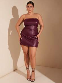 SHEIN BAE Robe moulante mini à plissés en PU de couleur unie pour femme grande taille
