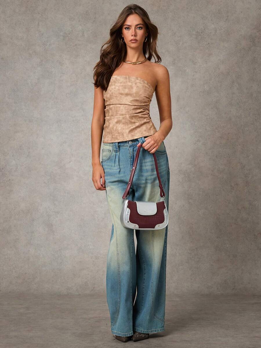 SHEIN BAE 1pc Women Brown PU Leather Ruched Tube Top, Minimalist, Fall Tops - Apricot - View 1
