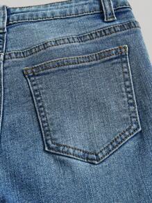 SHEIN Youth Front Button Pocket Ripped Jeans, Casual Everyday Wear - Medium Wash - View 4