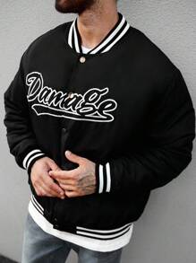 Manfinity Homme Men's Solid Color Splice Front Button Long Sleeve Letter Print Casual Padded Coat