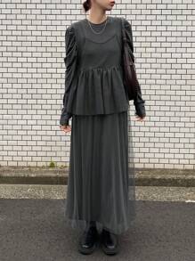 FRIFUL Women's Crew Neck Puff Sleeve Mid-Length Mesh Splice Dress, Autumn Long Sleeve Dress - Grey - View 2