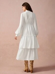 Enchnt Women's Elegant White Summer Graduation A-Line Dress,Solid Color Embroidered Front Button Long Sleeve Ruched Casual Fall Winter Christmas Clothing - White - View 8