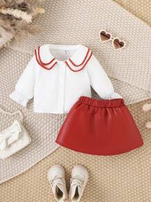 SHEIN Baby Girls Elegant Vintage Fashion Shirt Set, Spring/Autumn - Red - View 3