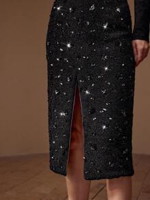 MOTF PREMIUM SEQUINS SPLIT THIGH STRAIGHT SKIRT - Black - View 3
