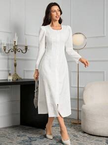 Modelyn 女士秋季花卉提花泡泡袖前拉链中长连衣裙长款晚礼服 - 白色 - 查看 4