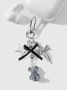 ROMWE Kawaii 1 件 Y2K 时尚优质银星链黑丝带玻璃水钻蝴蝶结泰迪熊吊坠钥匙扣，适合女士和女孩日常佩戴，节日礼物 - 銀色 - 查看 2