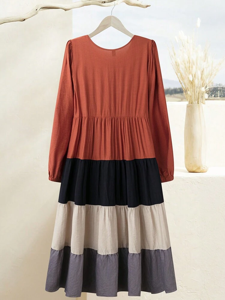 Plus Size Winter Women Casual Everyday Contrast Color Lantern Sleeve Dress