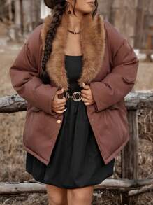 SHEIN VCAY Plus Size Women Casual Drop Shoulder Loose Fluffy Collar Padded Coat, Winter - Brown - View 3
