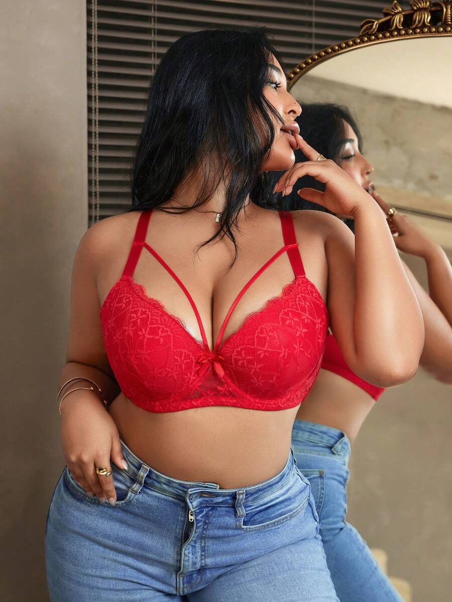DesireSculpt 1pc Women Plus Size Lace Splice Supportive Lift & Shape Push Up Underwire Bra With Comfortable Lining Lingerie - Red - View 1