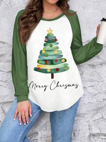 SHEIN LUNE Plus Size Women's Casual Christmas Tree Raglan Sleeve Round Neck Loose T-Shirt, Suitable For Autumn/Winter