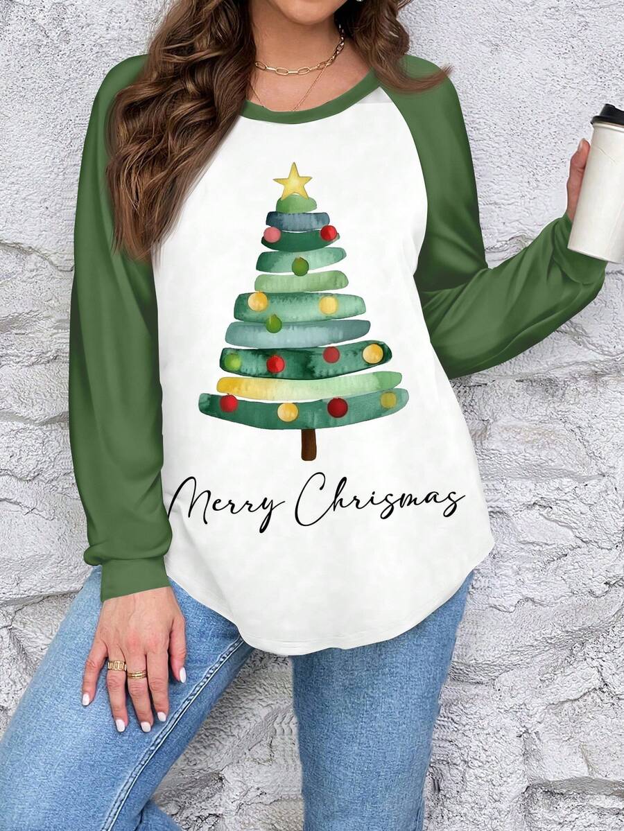 SHEIN LUNE Plus Size Women's Casual Christmas Tree Raglan Sleeve Round