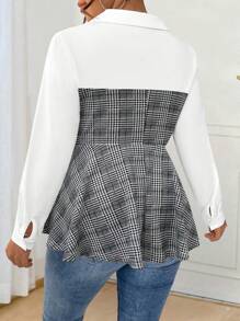 SHEIN Clasi Blusa con escote en V y volantes de cuadros para mujer de talla grande, adecuada para primavera y otoño