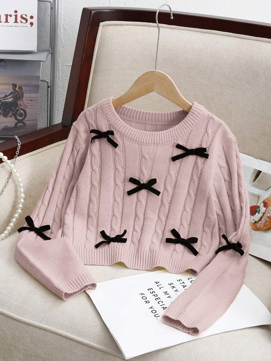 SHEIN Tween Girls Pulover cu mânecă lungă, cu fundă, tricotat, de culoare uni, cu gâtul turn, toamnă/iarnă - Baby Pink - Vizualizare 1
