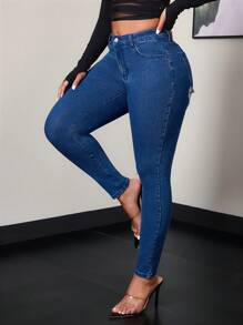 SHEIN SXY Jeans ajustados con detalles de bolsillos y efecto calado para mujeres sexys - Azul lavado oscuro - Ver 4