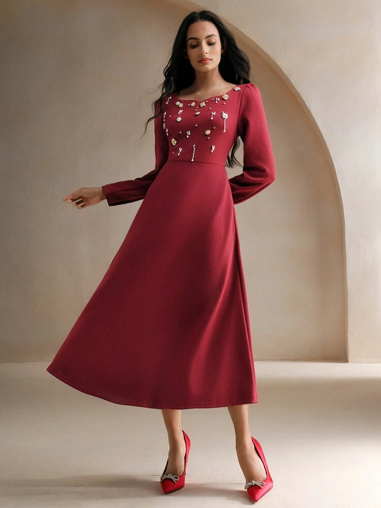 Christmas Square Neck Pearl Embellished Long Sleeve Waist Fitted Elegant Christmas Dress