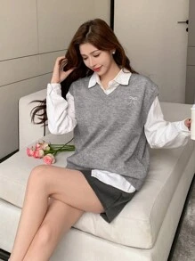 DAZY Áo len dệt kim dáng rộng thêu bướm cổ chữ V cho nữ, Quần áo mùa thu - Xám - Xem 3