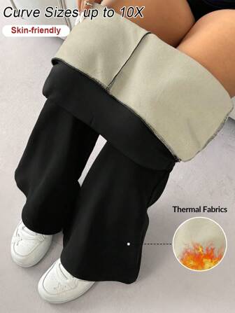 SHEIN CURVE+ Pantalon évasé en couleur unie avec poches pour femmes grandes tailles (ajout de polaire pour la chaleur)