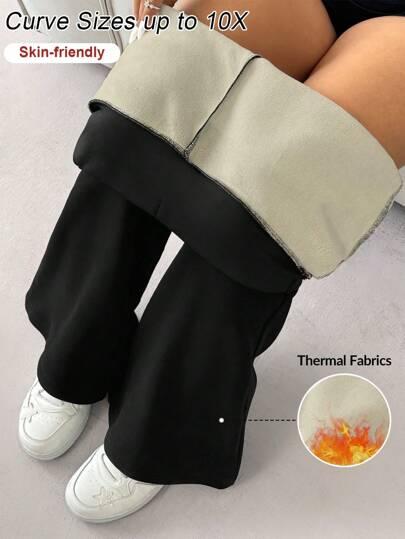 SHEIN CURVE+ Plus Size Women's Solid Color Flare Pants With Pockets(Adding Fleece For Warmth)
