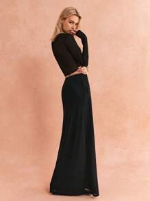 Poéselle 2 件套女士黑色透视裙两件套褶皱胸上衣和低腰裙优雅套装派对女士套装休闲纯色圆领长袖上衣和 A 字裙套装万圣节服装秋季女装 - 黑色 - 查看 4