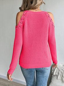 Chiquease 1 件女式常规串珠露肩套头毛衣 - 玫紅色 - 查看 2