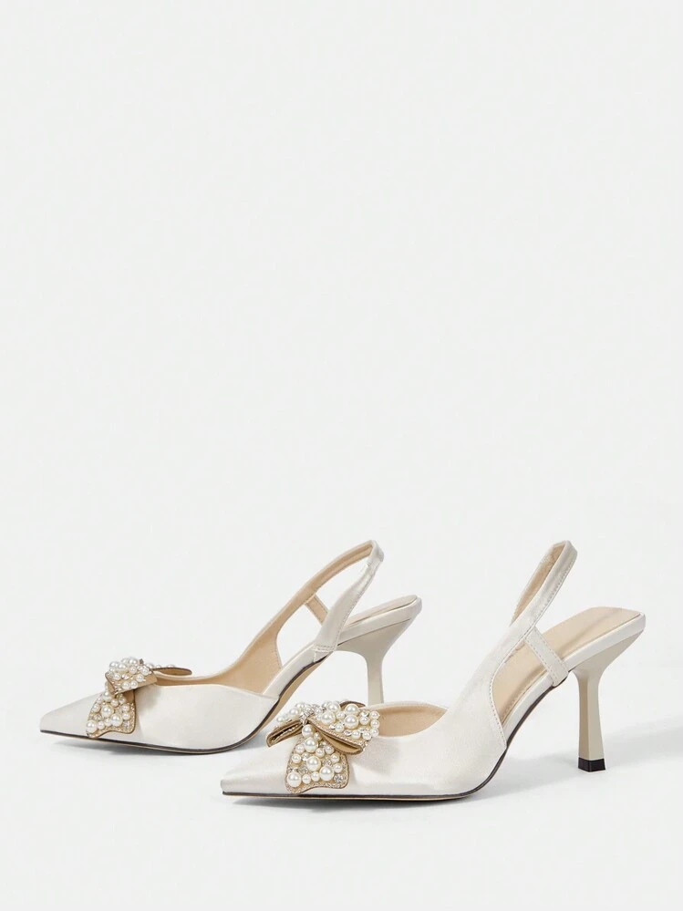 CUCCOO HITCHD Women's Pointed Toe High Heel Pumps, Elegant Pearl Bow Party & Wedding Shoes, Beige Satin Formal Bridal Dress Shoes, Date Shoes For Christmas Elegant Shoes - Beige - View 6