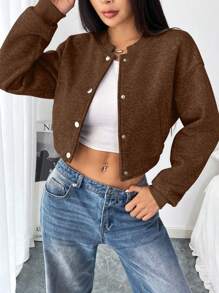 Chiquease Button Front Long Sleeve Crop Casual Jacket For Women, Minimalist American Style