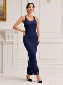 Modelyn Conjunto de 2 piezas de vestido y cárdigan con dobladillo de flecos elegante para mujer, otoño