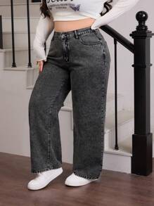 SHEIN EZwear Plus Size Casual Washed Mid-Rise Straight Leg Jeans
